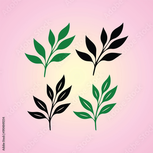 Elegant trio of hand-drawn botanical leaves with vibrant green and variegated foliage illustration