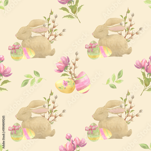  Easter Watercolor Pattern with Eggs, Bunny and Flowers, Cream