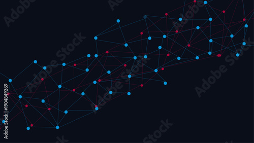 Dark Abstract Technology Network Background with Blue and Red Connected Dots and Lines, Futuristic Digital Data Visualization Mesh on Black Copy Space