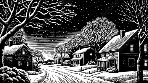 Snowy village at night with traditional houses and bare winter trees under star filled sky. Picturesque snowy settlement at night features cozy homes and quiet seasonal scenery.