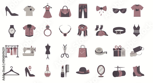 Fashion icons including clothing, accessories, and beauty products in a minimalist style