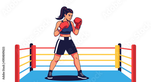 Female boxer in a fighting stance within a colorful boxing ring