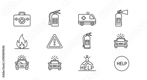 Emergency icons including fire extinguishers, ambulances, and warning signs in a simple line style