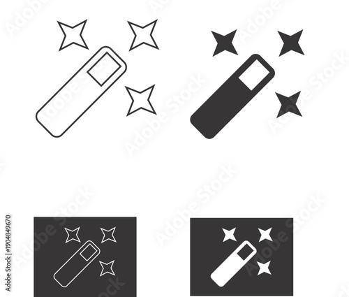 Set of magic wand icons. Magic wand with a star, wizard tool. Magic and miracle symbols. Wizard stick for apps and web sites, vector.