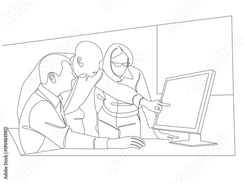 Group of Employees Working in the Office Looking at Monitor, Office Employees Looking at Computer Monitor, Hand drawn line style vector illustrations