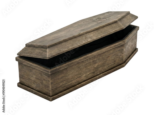 Open Wooden Coffin with Skull Emblem Isolated on Transparent Background