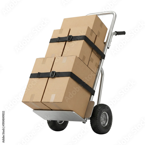 Hand Truck Loaded with Cardboard Boxes Isolated on Transparent Background