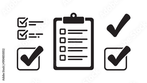 "Set of five black-and-white checklist and check mark icons"