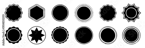 Badges vector set with round label shapes, scalloped seals, sunburst stamps and empty emblem icons in black outline, editable minimalist design for branding and stickers