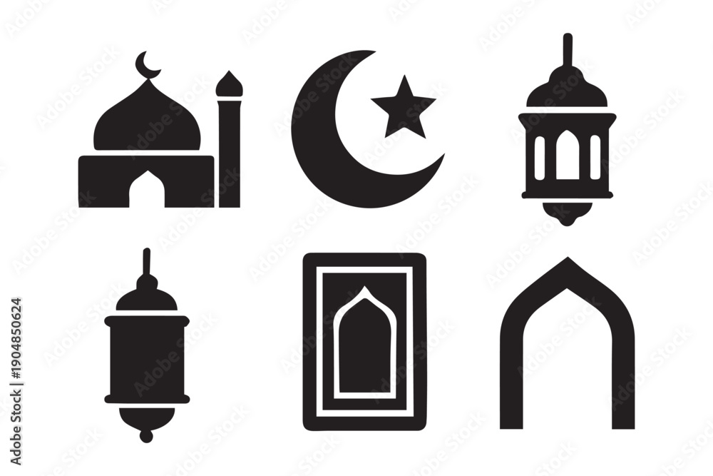 Obraz premium silhouette of a mosque dome with crescent moon on top symbol of islamic architecture and culture. Islamic Moon And Islamic Shape For Ramadan Set Icon. Islamic Moon and Star Icon. 