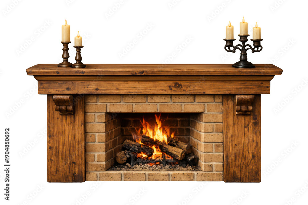 Fototapeta premium Cozy fireplace with burning logs and warm candles, casting light from a rustic wood and brick hearth on transparent background