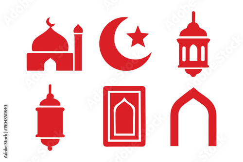 A beautiful collection of black silhouette Islamic lanterns mosques and various celestial star shapes. Boho Witch and Magic symbol. mystic art sign, emblem, Flat style. islam islamic muslim religion. 