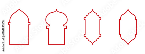 Islamic Arch Window Frame Vector Set – Traditional Mosque Door Outline and Arabic Ornamental Design Collection. Islamic arch & window silhouettes vector, Ramadan greeting card design. EPS 10. 