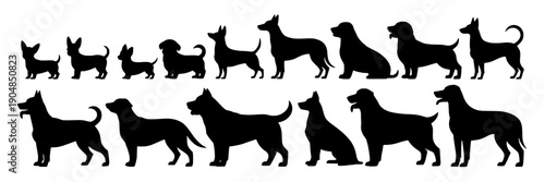 Dogs silhouette set with various breeds and poses in black featuring vector, animals, pets with icons and collection elements for outline, pet projects, clean composition on simple background