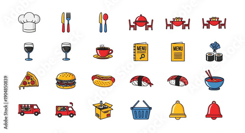Comprehensive Collection of Restaurant and Food Service Icons, isolated white background.