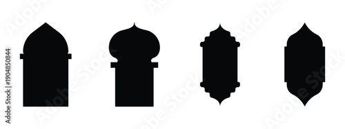Islamic Arch Window Frame Vector Set – Traditional Mosque Door Outline and Arabic Ornamental Design Collection. Islamic arch & window silhouettes vector, Ramadan greeting card design. EPS 10. 