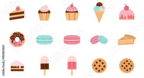 Colorful Assortment of Sweet Desserts and Bakery Items Collection, isolated white background.