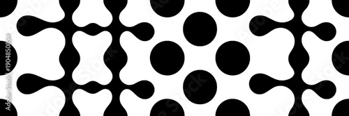 Pattern abstract geometric seamless border with black rounded blobs, circles and organic cross shapes, modern minimalist repeat tile for wallpaper, textile, web background