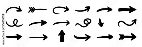 Arrows hand drawn set with black curved and straight pointer icons, doodle arrow collection for direction, navigation, infographic elements, sketch vector isolated