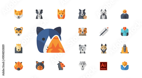 Cute animal and pet icon collection featuring various dog breeds, cats, and pet care symbols on an isolated white background.