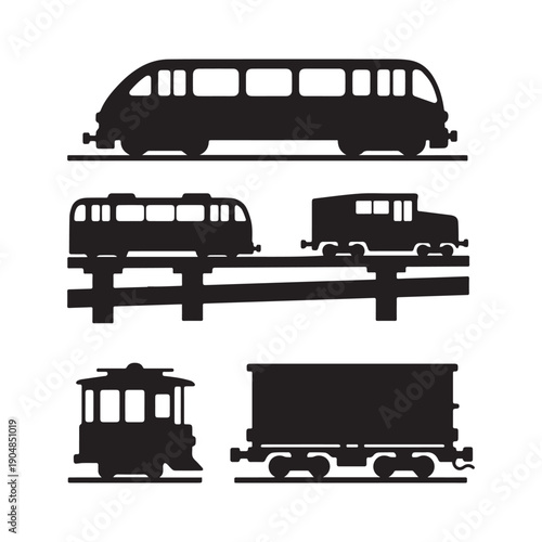  Collection of Transportation Silhouettes Featuring Modern Passenger Trains Trams and Vintage Steam Locomotive.