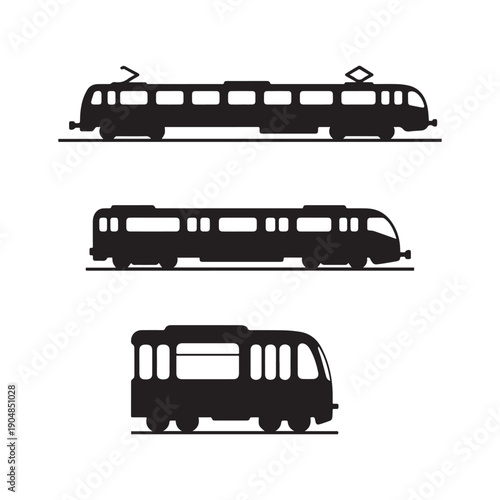  Collection of Transportation Silhouettes Featuring Modern Passenger Trains Trams and Vintage Steam Locomotive.