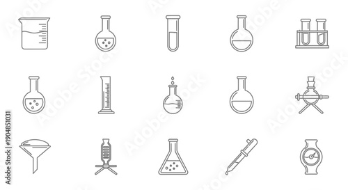 Set of Line Art Icons for Laboratory and Chemistry Glassware on Isolated White Background