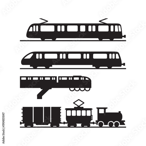  Collection of Transportation Silhouettes Featuring Modern Passenger Trains Trams and Vintage Steam Locomotive.