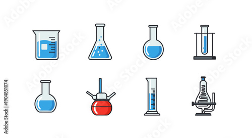Collection of Colorful Laboratory Chemistry Glassware and Microscope Icons on Isolated White Background