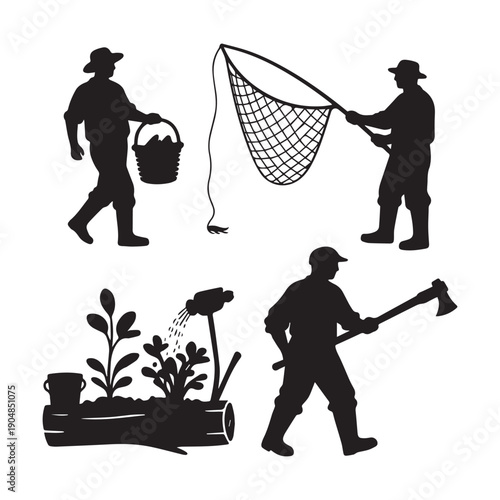  Collection of Worker Silhouettes Featuring Fisherman with Net Gardener Watering Plants and Lumberjack.