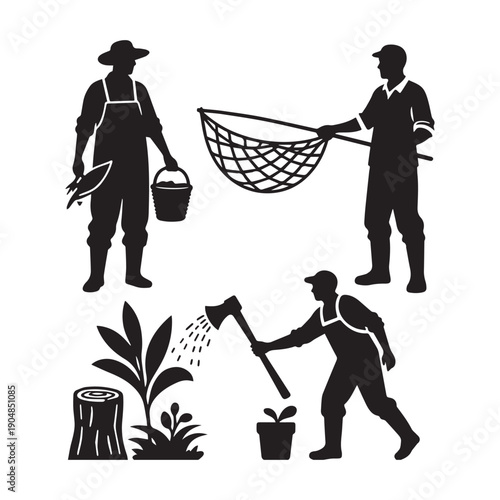  Collection of Worker Silhouettes Featuring Fisherman with Net Gardener Watering Plants and Lumberjack.