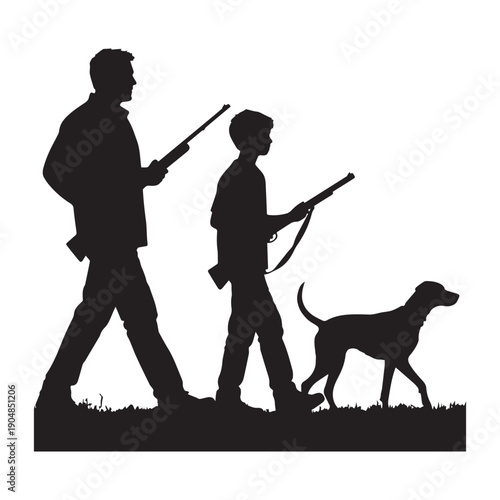  Silhouette of Father and Son Hunting with Shotguns and Dog in Field.