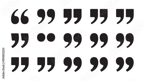 Grid of 20+ black-and-white quotation mark styles in varied typographic forms.