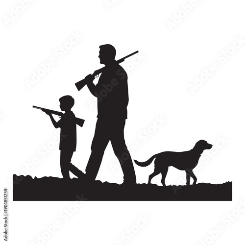  Silhouette of Father and Son Hunting with Shotguns and Dog in Field.
