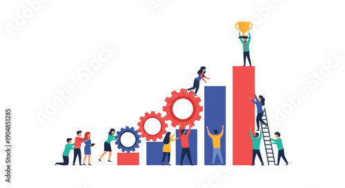 Motivated team of business professionals collaboratively pushing gears and climbing bars to reach a golden trophy.
