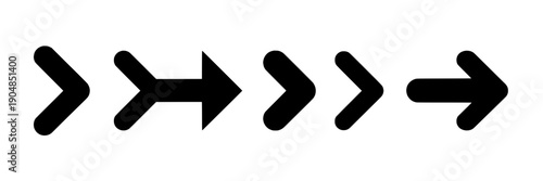 Arrows icon set with bold black right direction chevrons and long arrow, minimalist flat vector symbols for navigation, UI buttons, web interface and app controls