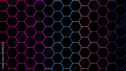 Neon hexagon honeycomb background with glowing pink blue gradient outlines on black, futuristic geometric tech pattern for cyber, gaming, modern digital design.