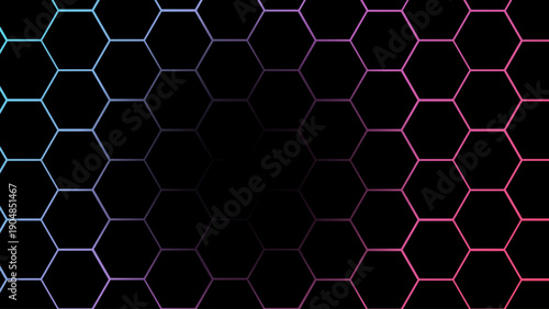 Neon hexagon honeycomb background with glowing pink blue gradient outlines on black, futuristic geometric tech pattern for cyber, gaming, modern digital design.