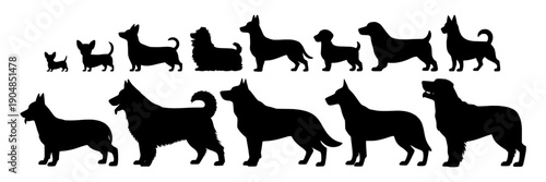 Dogs silhouette set with different breeds in side view, black pet icons collection for logo, veterinary clinic branding, animal shelter poster, and playful canine design