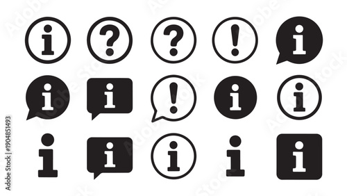 Black-and-white icons featuring information, question, and exclamation symbols inside circles, squares, and speech bubbles.