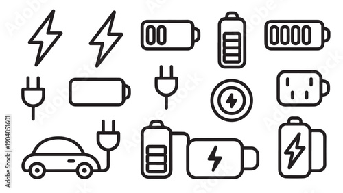 Black-and-white icons representing electricity and electric vehicle concepts including lightning bolts, batteries, plugs, outlets, and electric cars.