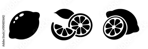 Lemon fruit set with slices and whole fruit illustration in minimalist black and white style featuring citrus, food, healthy with fresh and juice elements for vitamin, diet projects, clean