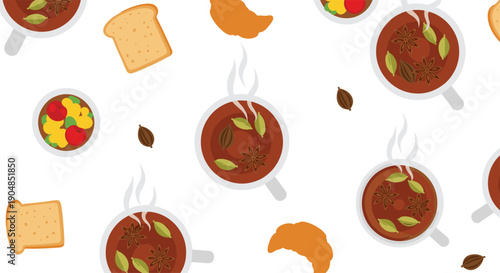 Overhead view seamless pattern of steaming cups of traditional Indian chai tea with spices, alongside toast,