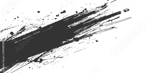 An abstract black ink splat design featuring a dirty grunge texture with paint splashes and liquid spray drips on a vector art frame element