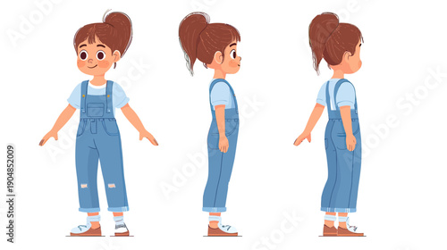 Cute little girl character front side and back views wearing blue denim overalls and white t-shirt standing in flat cartoon style vector illustration for animation design
