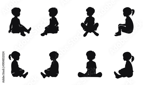 Silhouettes of children sitting in various relaxed and cross legged poses side view black and white vector illustration minimalism concept