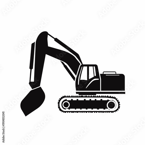 Black silhouette of construction excavator with hydraulic arm and bucket on crawler tracks isolated on white background flat vector design icon