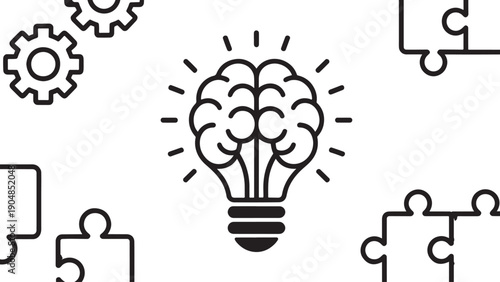 Stylized brain-light bulb illustration surrounded by puzzle pieces and gears, symbolizing creativity, intelligence, problem-solving, and innovation.