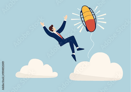 Businessman in suit falling through sky surrounded by clouds reaching for colorful safety life preserver ring concept of risk help and support in flat minimalist vector style