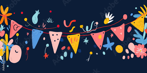 Colorful hand drawn party garland with triangular pennants, floral and abstract doodle decorations on dark background for festive celebration and birthday decoration